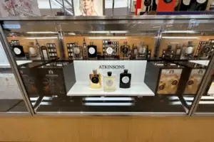 White Acrylic Display Riser Presenting Atkinsons Fragrances Inside A Glass Counter