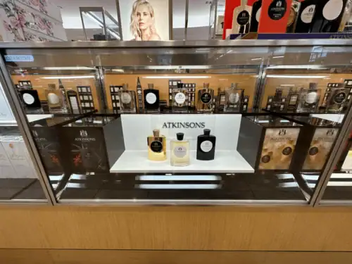 White Acrylic Display Riser Presenting Atkinsons Fragrances Inside a Glass Counter