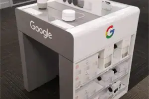 White Branded Work Station Counter With Product Display Shelves For Google Retail