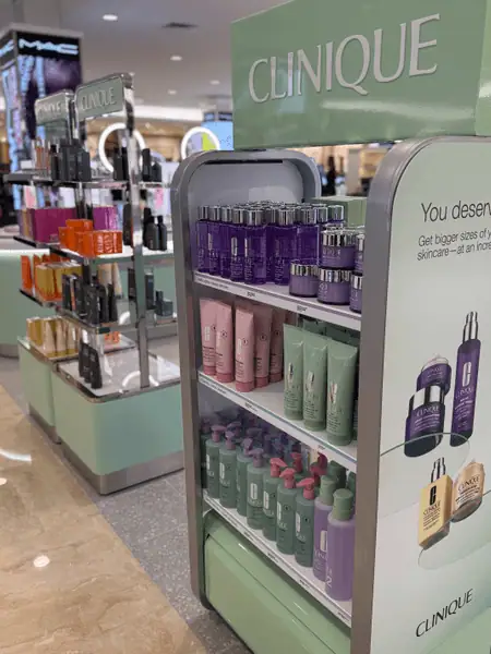 Custom Branded Clinique Beauty Retail Fixture Manufactured by All Source+ With Integrated Product Displays, Signage, and Premium Merchandising Components. Custom Branded Clinique Beauty Retail Fixture Manufactured by All Source+ With Integrated Product Displays, Signage, and Premium Merchandising Components.