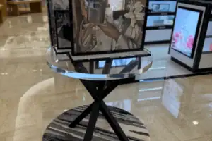 Round Glass Fragrance Display Table With Integrated Digital Screens And Metal Base