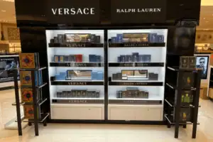 Lighted Fragrance Wall Bay With Versace And Ralph Lauren Branded Shelving