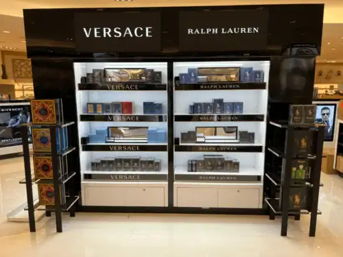 Lighted Fragrance Wall Bay With Versace and Ralph Lauren Branded Shelving