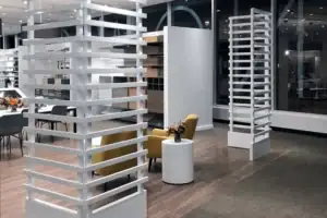 White Metal Accent Wall Fixtures And Display Towers In A Retail Store