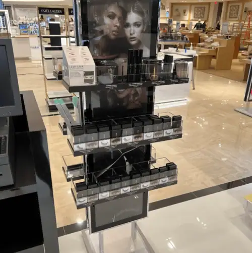 Retail Wall Shelving With Acrylic Bins and Graphic Panels for Lash Star Beauty Products